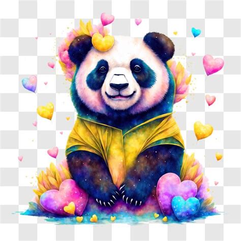 Baixe Urso Panda Adorável cercado por Corações Coloridos e Balões PNGs