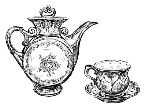 Premium Vector Outline Hand Drawing Of Ceramic Tea Pot With Tea Cup