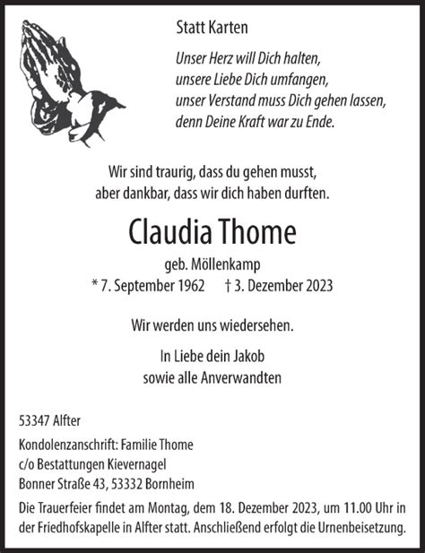 Traueranzeigen Von Claudia Thome Wirtrauern