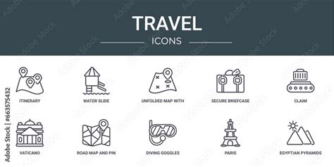 Set Of Outline Web Travel Icons Such As Itinerary Water Slide