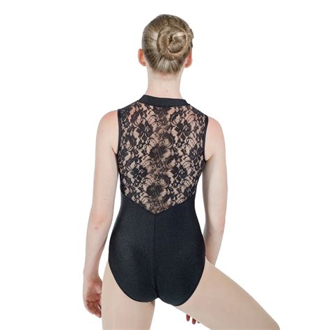 Black Shiny Nylon Lycra Black Lace Back Tank Ballet Leotard Dance