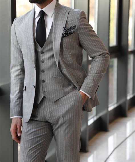 Flora Gardens Slim Fit Light Grey Pinstripe Three Piece Men S Suit With