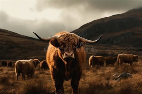 Large Highland Cattle In A Meadow In Top Of A Hill Beautiful Dramatic