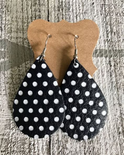 Black White Polka Dot Teardrop Leather Earrings Gifts For