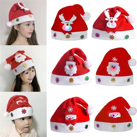 Light Up Led Christmas Hat Flannel Xmas Santa Claus Snowmen Christmas