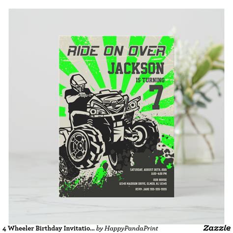 4 Wheeler Birthday Invitation Quad Bike Green Zazzle Sports