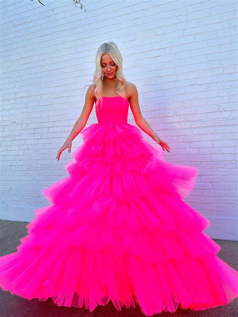 Strapless Layered Tulle Prom Dresses Hot Pink Ball Gown Uk 2023 Yelure Uk