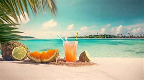 Premium Photo Tropical Cocktails In Beach Decorations