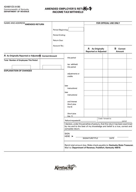 Form 42a801 D 4 08 Amended Employer S Return Of Income Tax