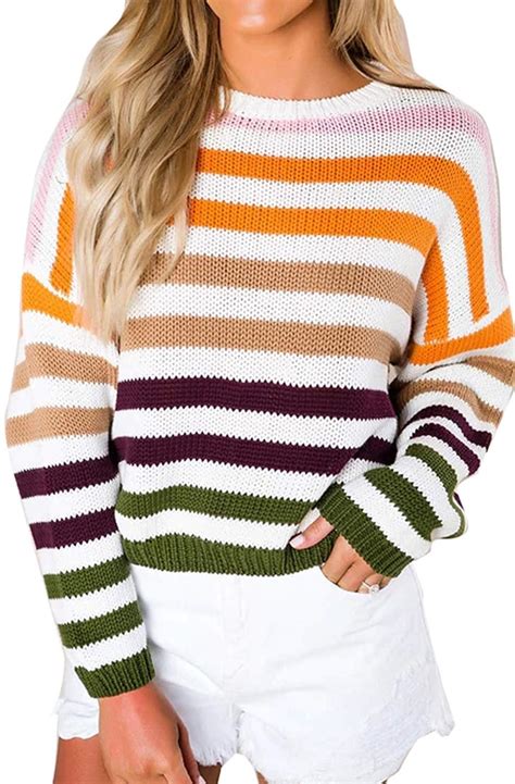 Zesica Long Sleeved Crew Neck Striped Sweater Popular Rainbow Striped