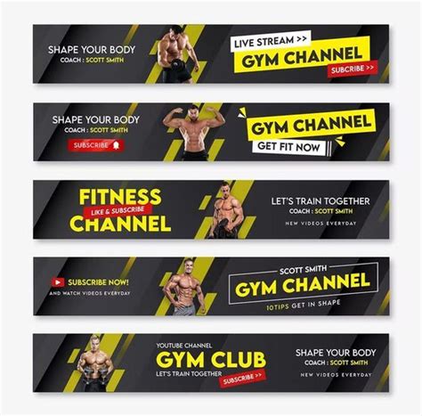 three gym banners with the words gym club and two men's torsos on them