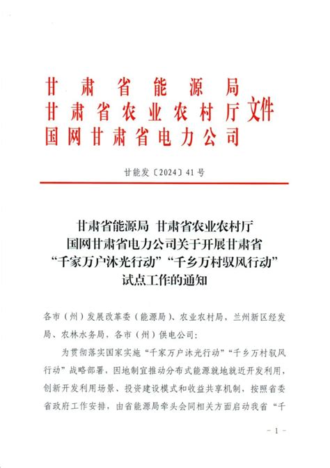 甘肃省能源局 甘肃省农业农村厅 国网甘肃省电力公司关于开展甘肃省“千家万户沐光行动”“千乡万村驭风行动” 试点工作的通知 广东元一能源有限公司