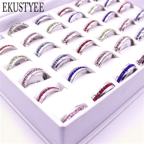 New Wholesale Colorful Mix 24 Pcs Crystal Stainless Steel Rings