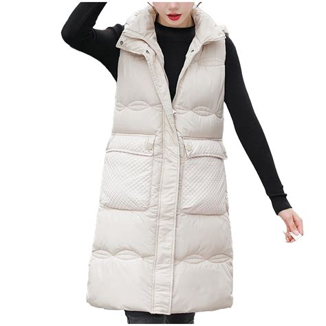 Leesechin Womens Long Puffer Vest Cotton Sleeveless Puffy Jacket With Removable Hood