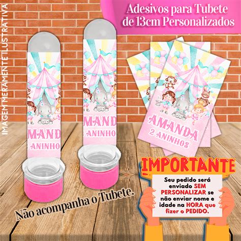 Rótulos adesivos para tubetes de 13 cm Personalizados Circo Rosa