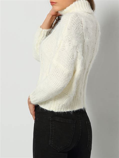 White High Neck Cable Knit Crop Sweater Shein Sheinside