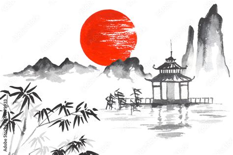 Japan Traditional Japanese Painting Sumi E Art Sun Mountain Temple