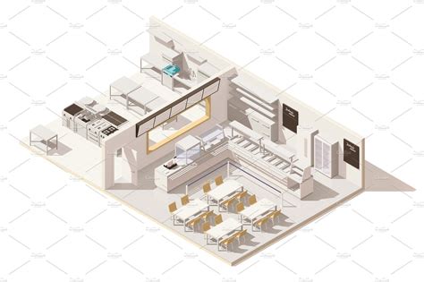 Vector Isometric Low Poly Restaurant With Kitchen Cafe Floor Plan