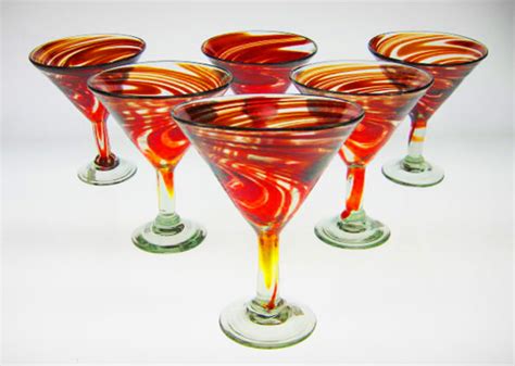 Mexican Glass Martini Glasses Red Swirl Set Of Oz