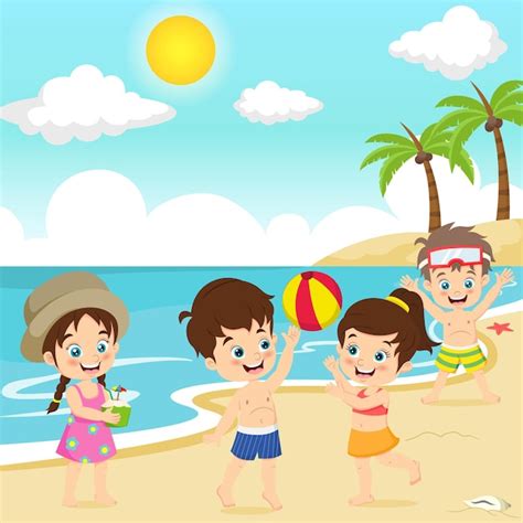 Premium Vector | Children playing beach ball at tropical beach