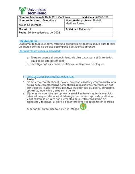 Evidencia 1 Dirección y estilos de liderazgo Nombre Martha Aide De