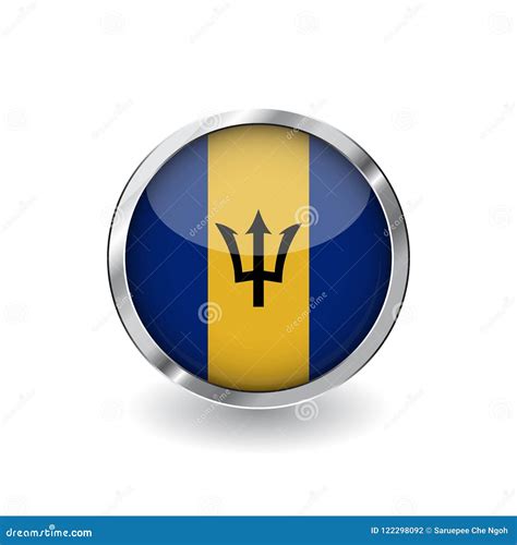 Flag Of Barbados Button With Metal Frame And Shadow Barbados Flag