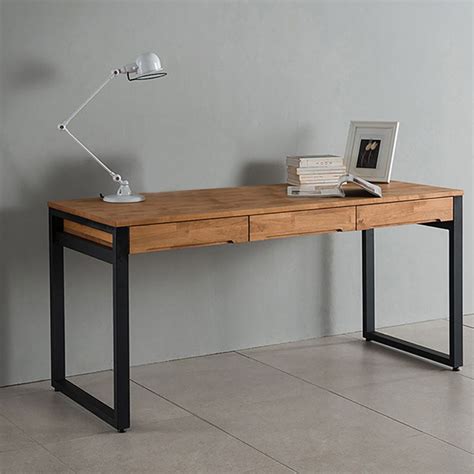 47.2" Rustic Wooden Natural & Black Office Desk with Drawers & Metal ...