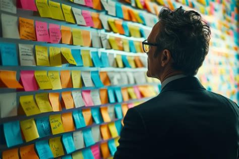 Premium Photo Man Examining Wall Covered In Sticky Notes