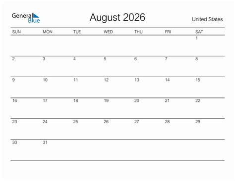 August 2026 United States Monthly Calendar With Holidays