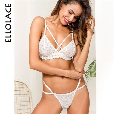 Ellolace Sexy Lace Strappy Lingerie Bralette Transparent Underwear Set