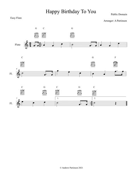 Happy Birthday To You For Easy Flute Arr Andrew Pattinson By Traditional Sheet Music For