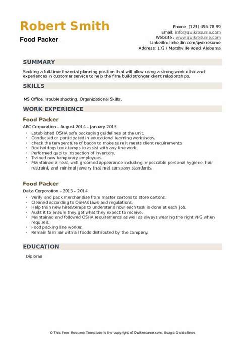 Food Packer Resume Samples Qwikresume