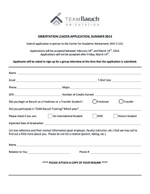 Fillable Online Baruch Cuny Orientation Leader Application