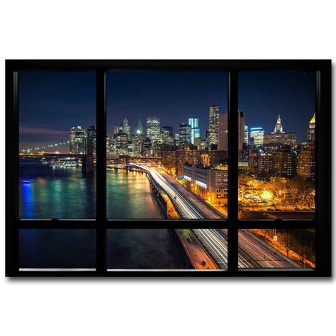 New York City Night Window View Poster Brooklyn Bridge X