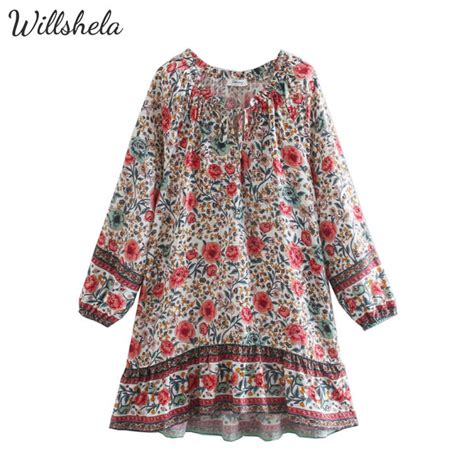 Willshela Women Fashion Floral Printed Viscose Mini Dress Round Neck