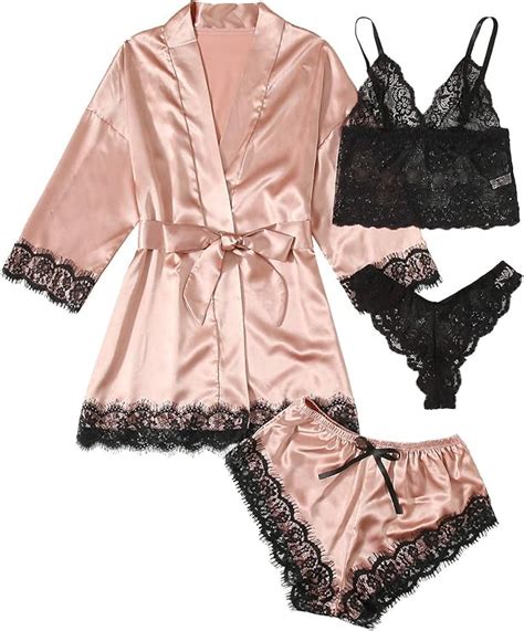 WDIRARA Women S 4 Pieces Satin Floral Lace Cami Top Lingerie Pajama Set With Robe At Amazon