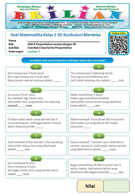 Soal Cerita Penjumlahan Kelas Sd Kurikulum Merdeka Bimbel Brilian