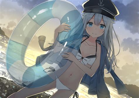 Anthropomorphism Bikini Blue Eyes Blush Clouds Hat Hibiki Kancolle