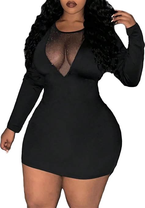 Amazon Makemechic Women S Plus Size Mesh Dress Party Deep V Neck