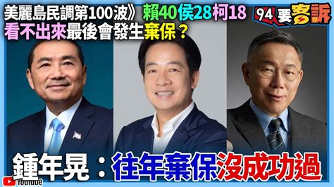 【94要客訴】美麗島民調第100波》賴40侯28柯18！看不出來最後會發生棄保？鍾年晃：往年棄保沒成功過 Youtube