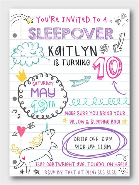 Doodle Sleepover Birthday Invitation 5x7 Pdf Or Jpeg Etsy Sleepover