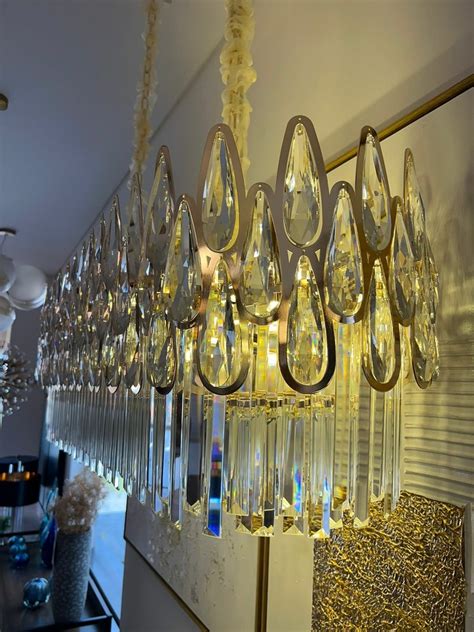 Lustre De Cristal Retangular Gota Dourado