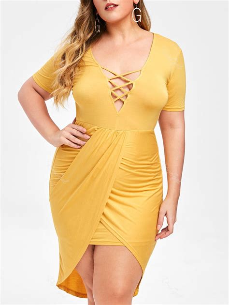 33 OFF Rosegal Plus Size Criss Cross Plunging Asymmetrical Dress