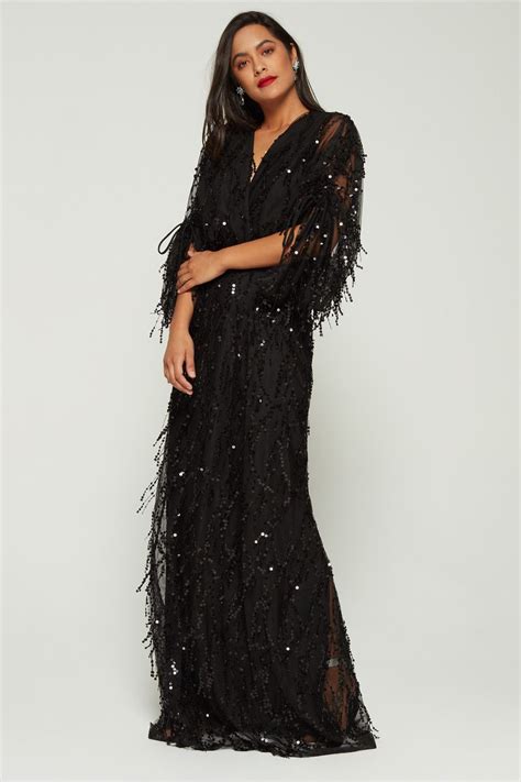 Shop Black Ipekyol Sequin Embellished Long Sleeves V Neck Maxi Dress For Women Nisnass Ksa