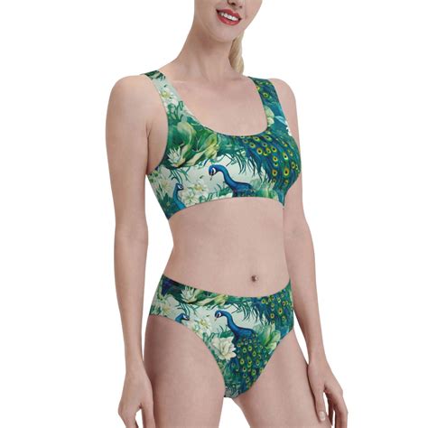 Tebeau Peacock And Flowers Print Bikini Set For Women Two Piece Swimsuit Bandeau Top Back Tie