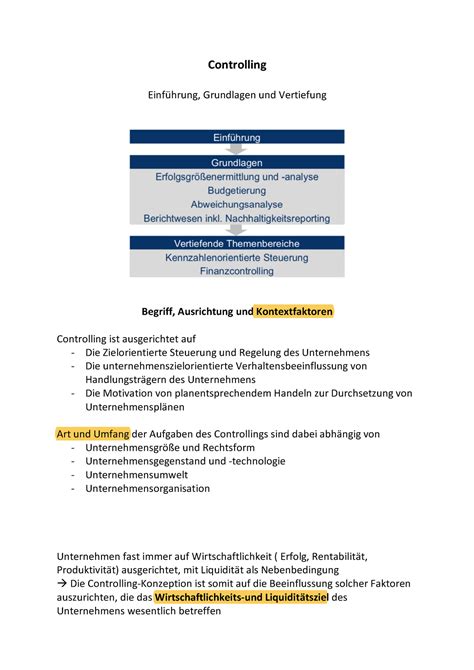 Controlling Zusammenfassung Controlling Einführung Grundlagen und