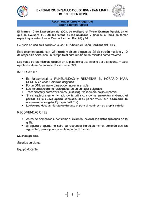 Recomendaciones y lugar del Tercer Examen Parcial ENFERMERÍA EN SALUD