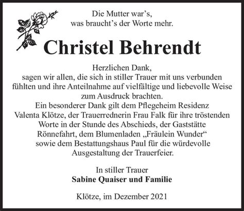 Traueranzeigen Von Christel Behrendt Abschied Nehmen De