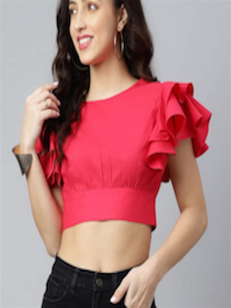 Buy Pinwheel Solid Flutter Sleeves Crop Top With Back Tie Ups Tops