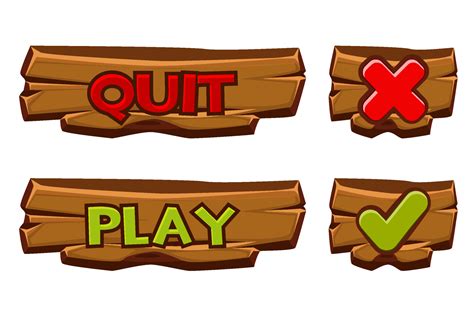 Set Of Vector Wooden Buttons Play And Quit Isolated Icons Check Mark